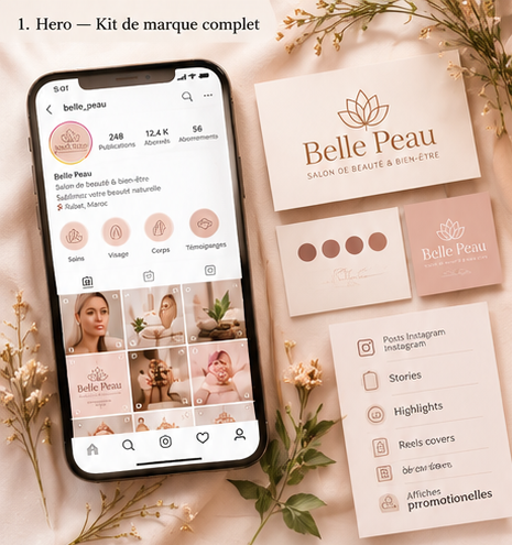 كيت هوية بصرية كامل لصالون Belle Peau: حساب إنستغرام، بطاقات العلامة، وقائمة التصاميم