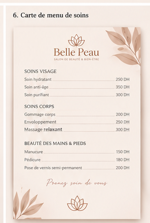 نموذج قائمة خدمات وأسعار لصالون تجميل